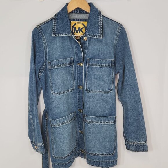 NWT Michael Kors Blue Denim Belted Jacket with Pockets in Stone Wash - Picture 1 of 4